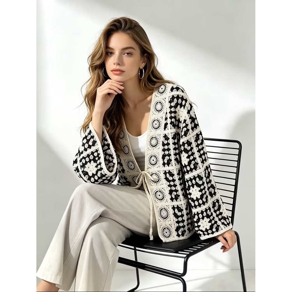 Unbranded Boho Crochet Patchwork Cardigan Black White Knit Sweater NEW M/L